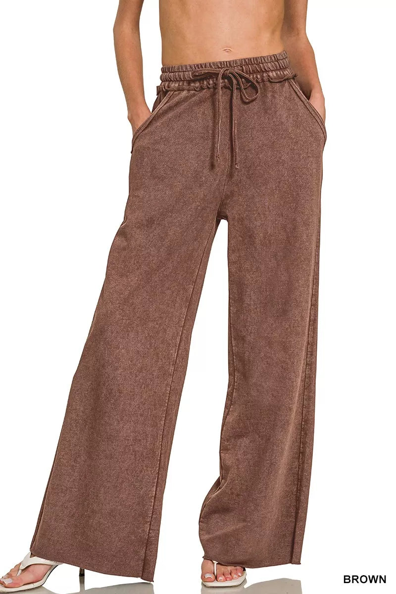 BROWN Washed French terry wide-leg sweatpants with drawstring waist