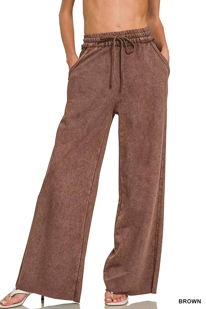 BROWN Washed French terry wide-leg sweatpants with drawstring waist