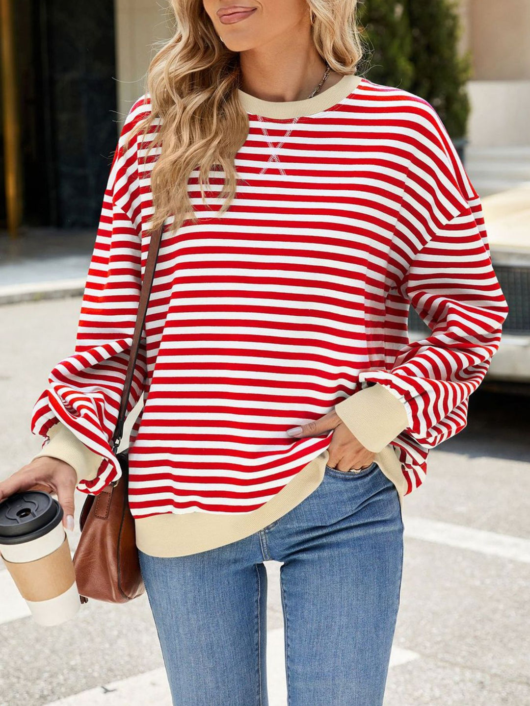 Striped crew neck sweatshirt with contrast ribbed trim