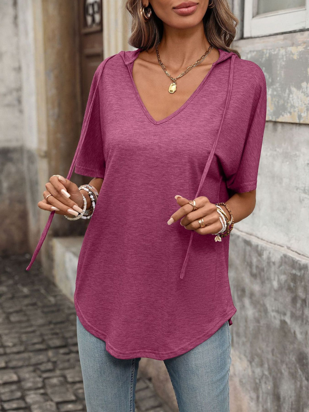 Hooded short sleeve tee with drawstring V-neck