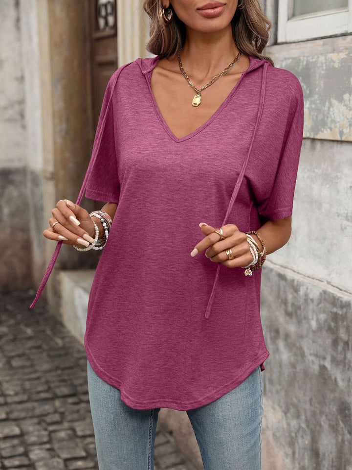 Hooded short sleeve tee with drawstring V-neck
