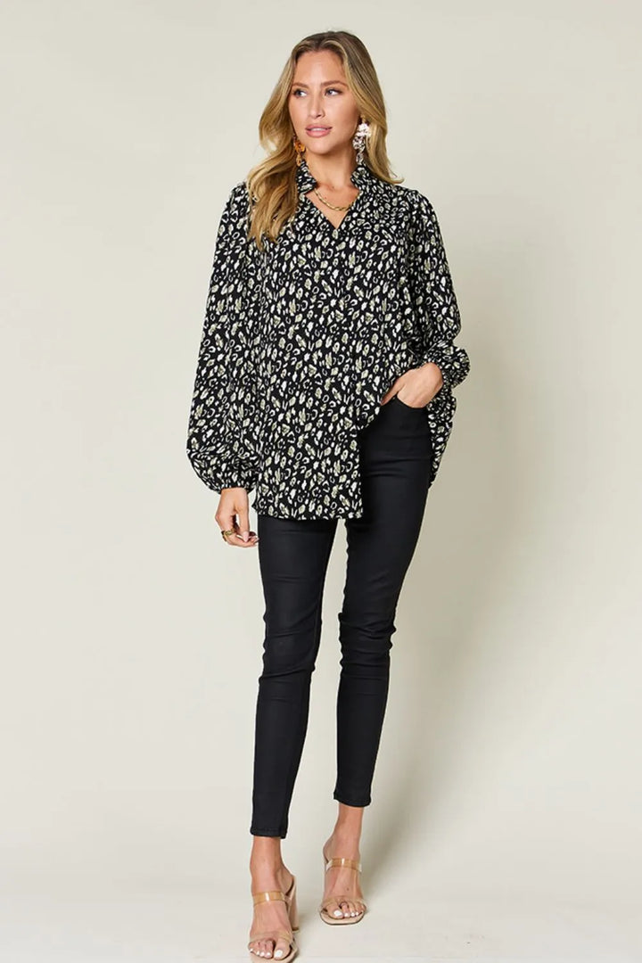 Leopard print button-front long sleeve tunic blouse