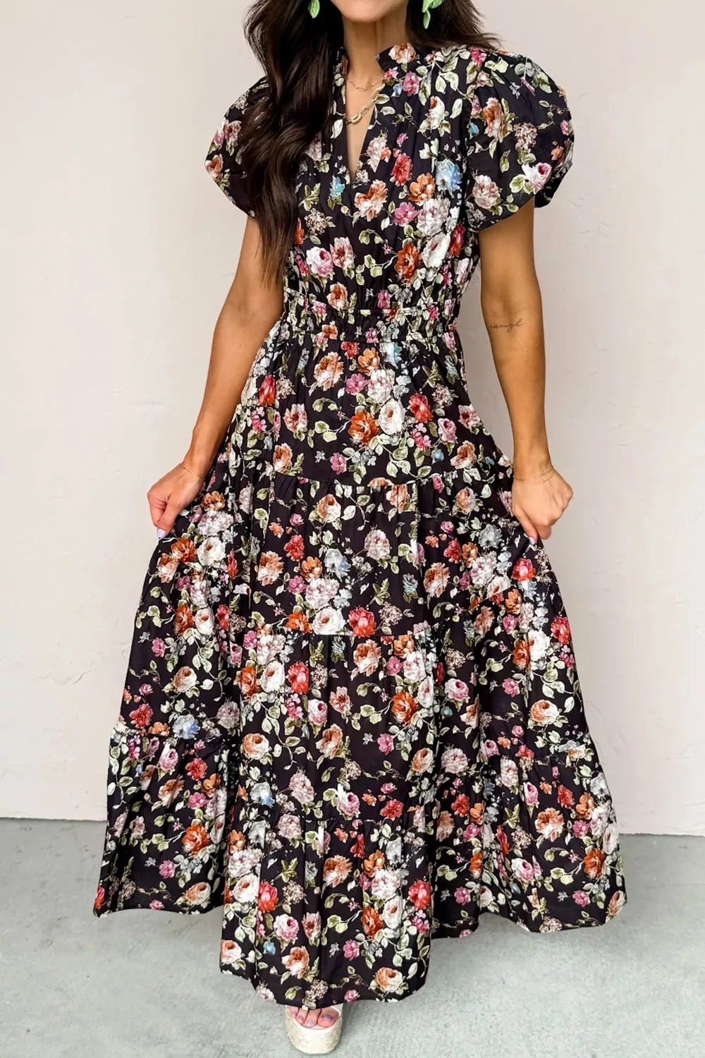 Floral puff sleeve smocked waist tiered maxi dress