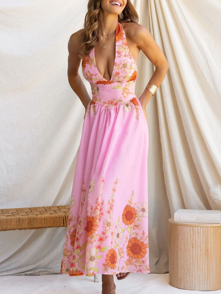 Pink Sunflower print halter maxi dress with plunge neckline