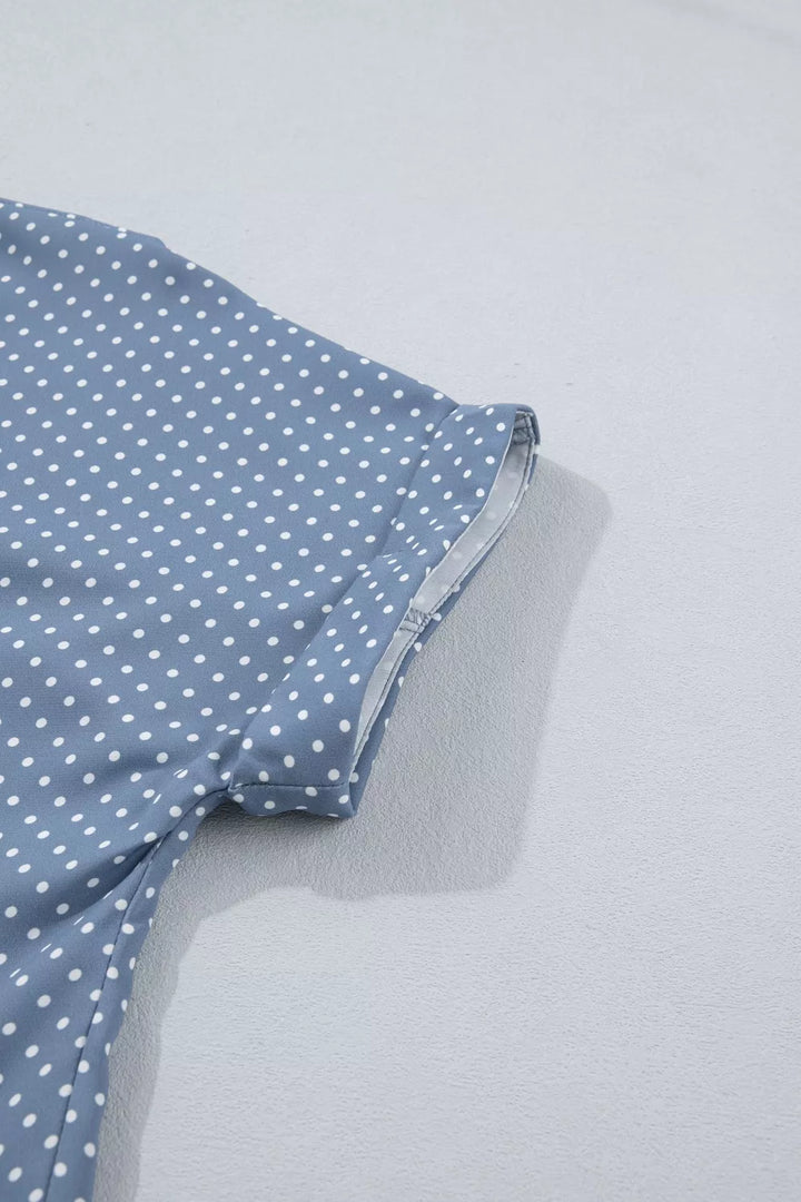 Polka dot button-down shirt with cuffed short sleeves