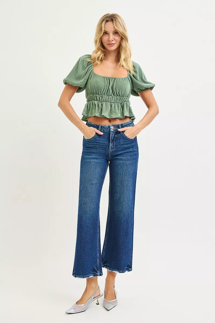 High-rise cropped wide leg jeans with raw frayed hem