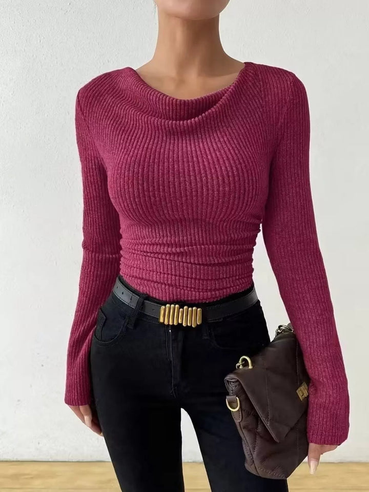 Ruched cowl neck ribbed knit long sleeve top