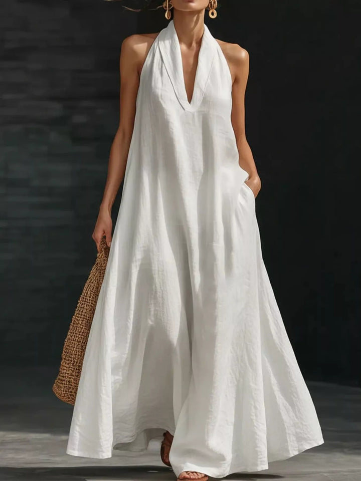 White Halter neck flowy maxi dress with side pockets