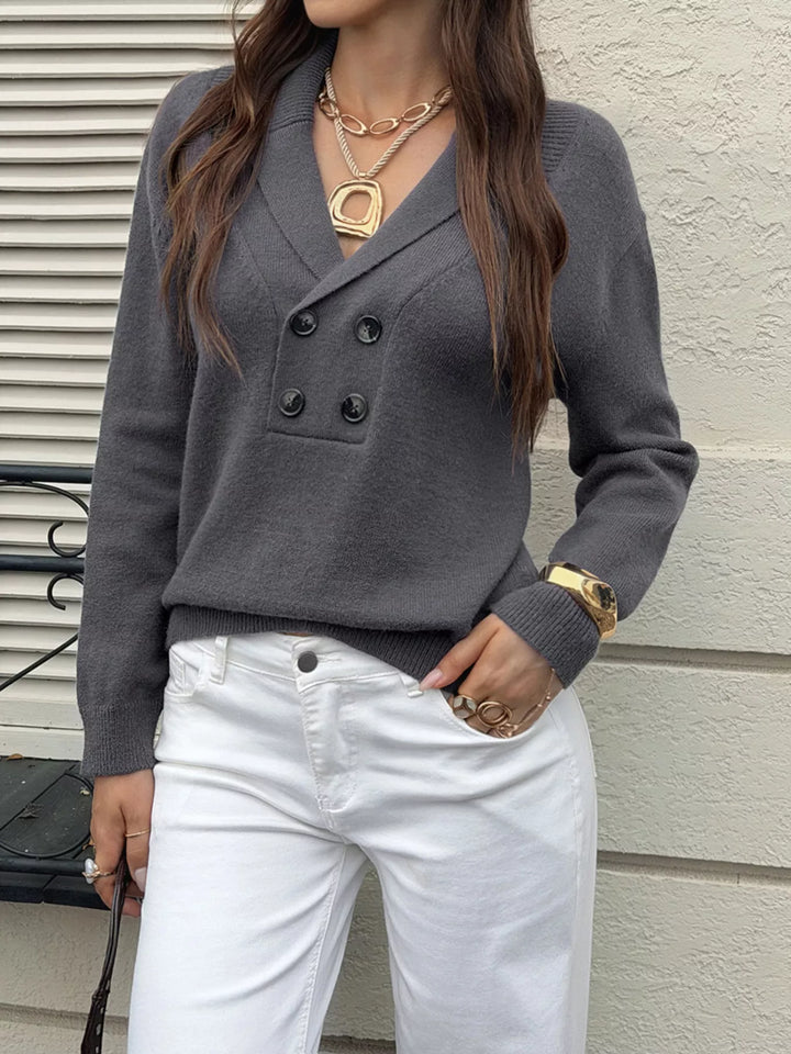 Dark Gray Double-breasted shawl collar knit pullover sweater