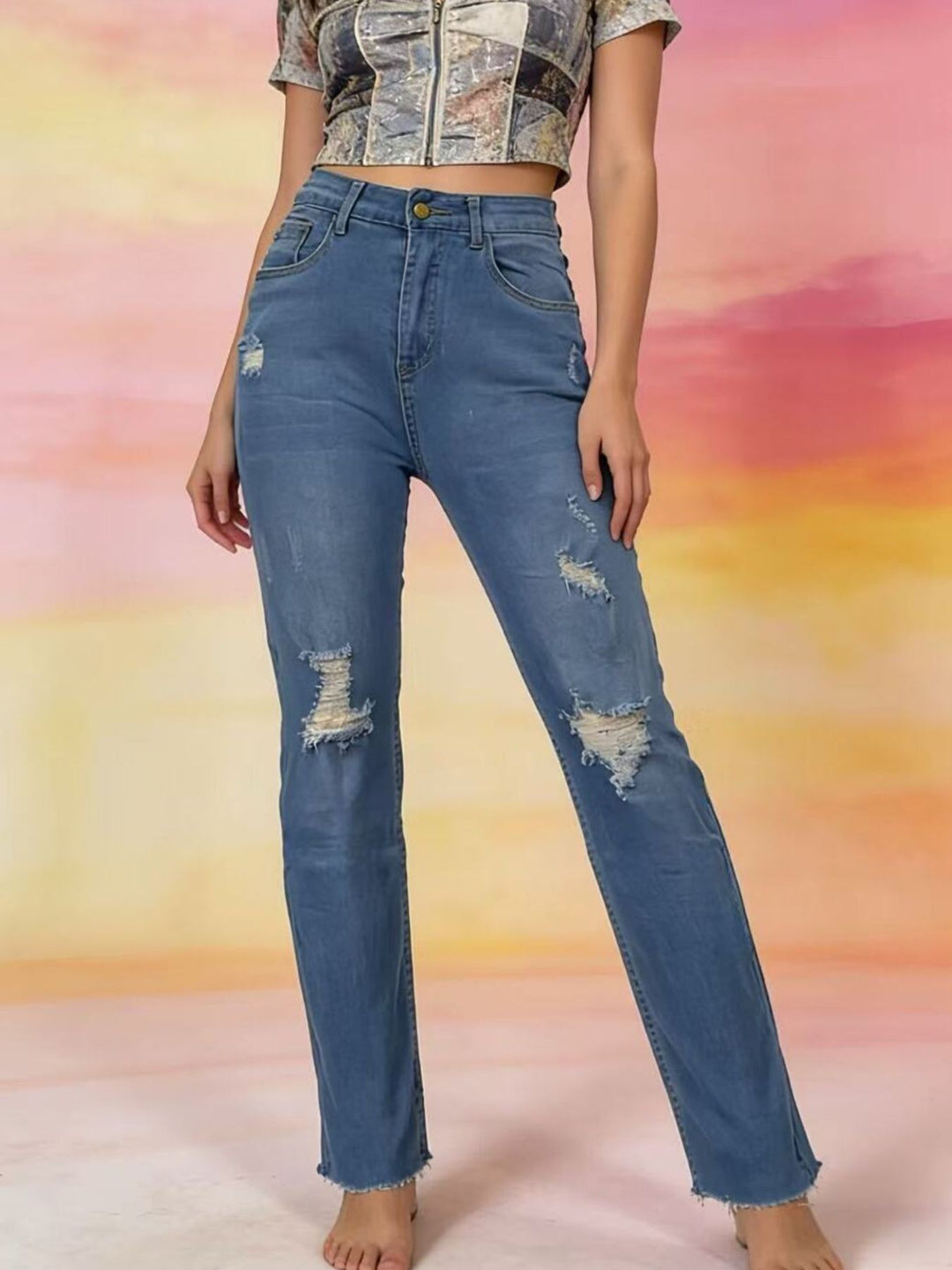 Distressed high-rise skinny jeans with frayed hem