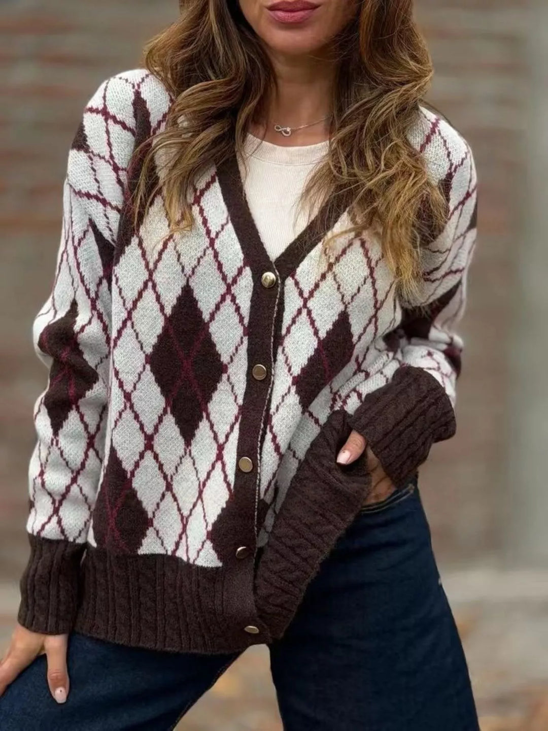 White Argyle knit V-neck button-down cardigan with ribbed trim