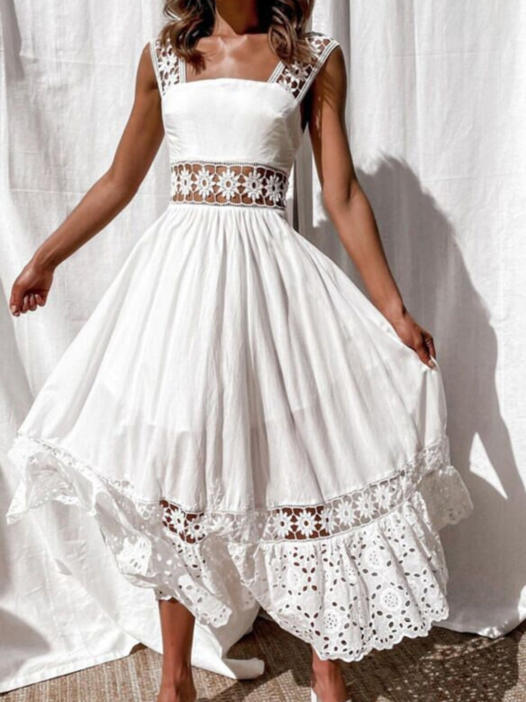 White Openwork crochet sleeveless midi dress with eyelet hem