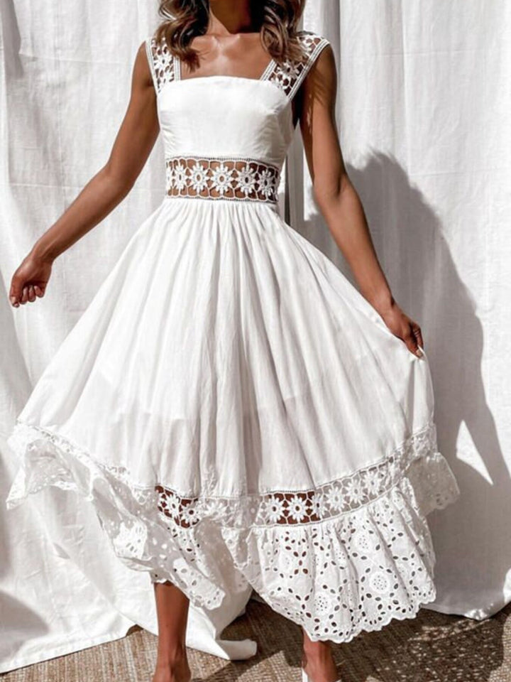 White Openwork crochet sleeveless midi dress with eyelet hem