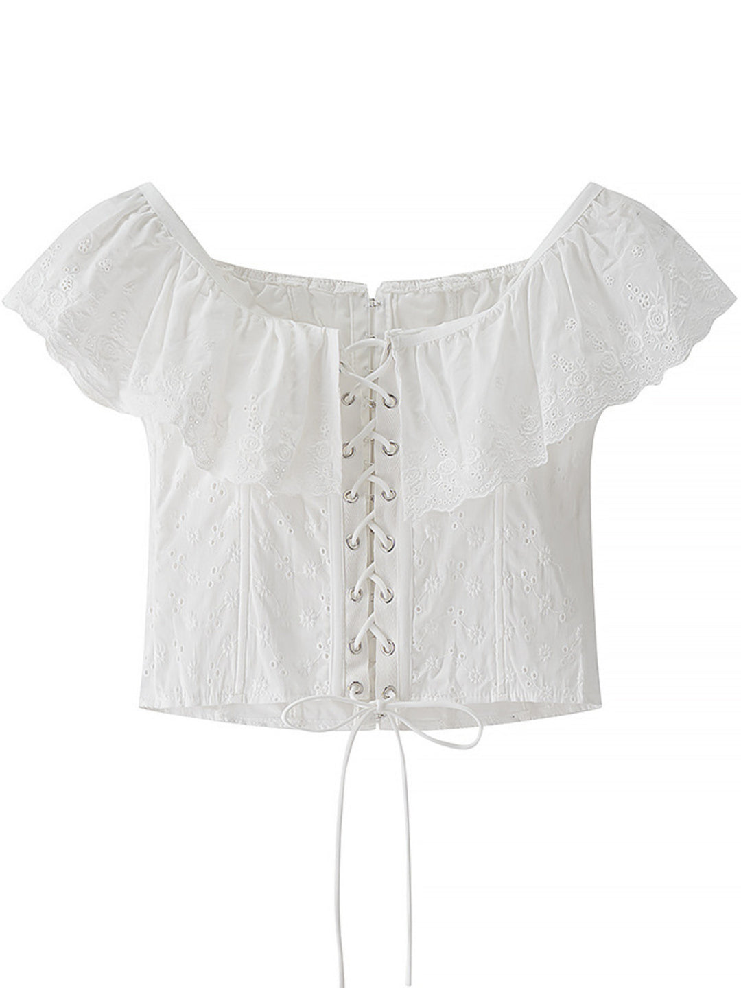 Eyelet ruffle-trim corset tank top with lace-up back