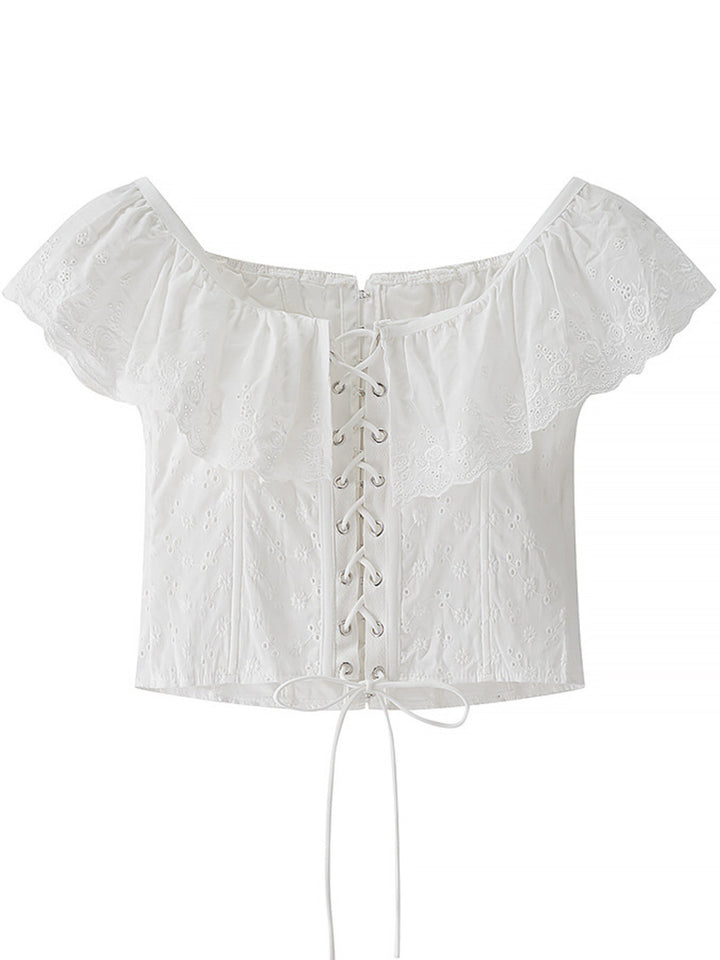 Eyelet ruffle-trim corset tank top with lace-up back