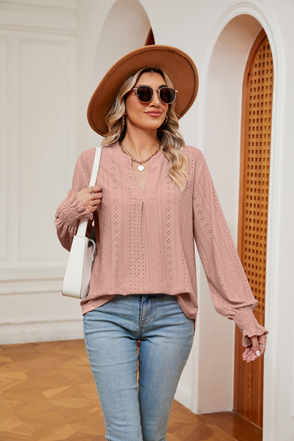 Light Mauve Eyelet notched-neck blouse with flounce sleeves