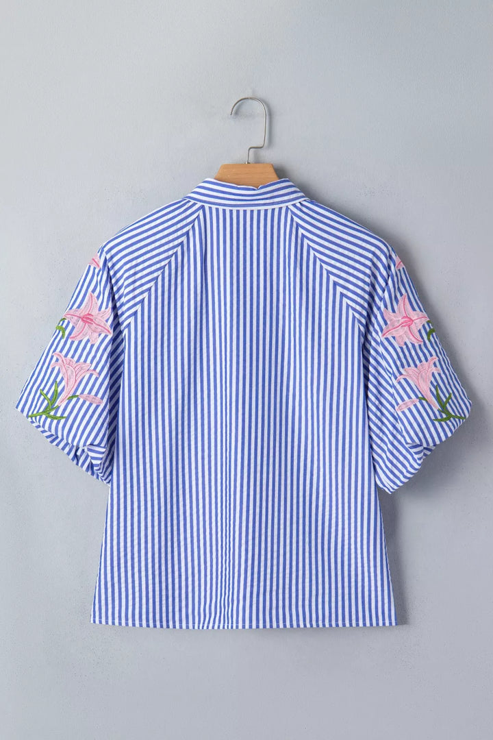 Striped floral-embroidered puff sleeve button-down shirt