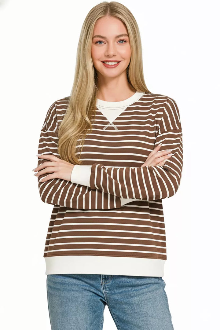 Striped crew neck sweatshirt with contrast ribbed trim