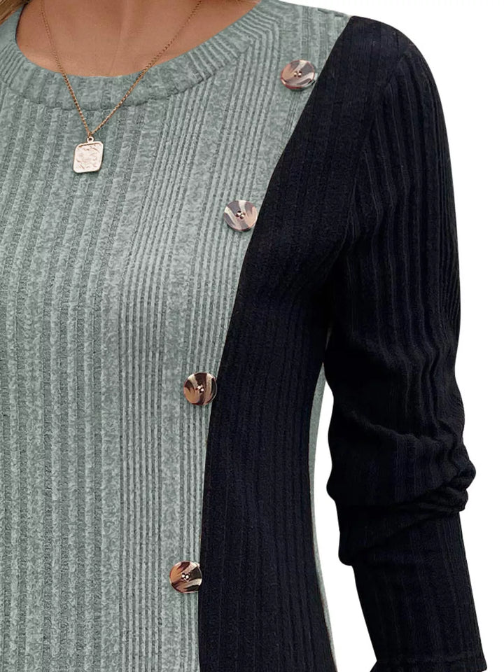 Color block ribbed knit long sleeve button top