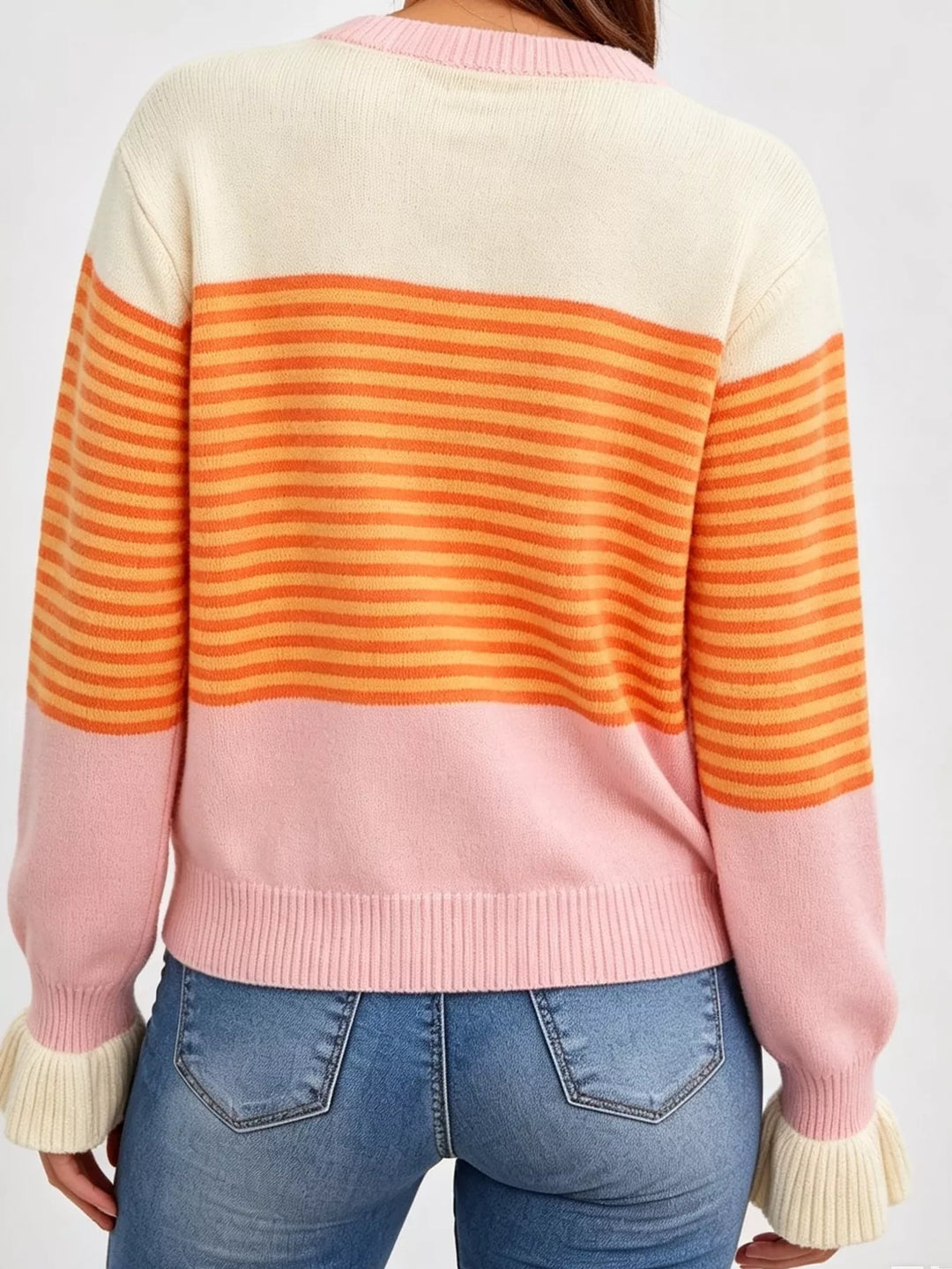 Striped color block button-up cardigan with ruffle cuffs