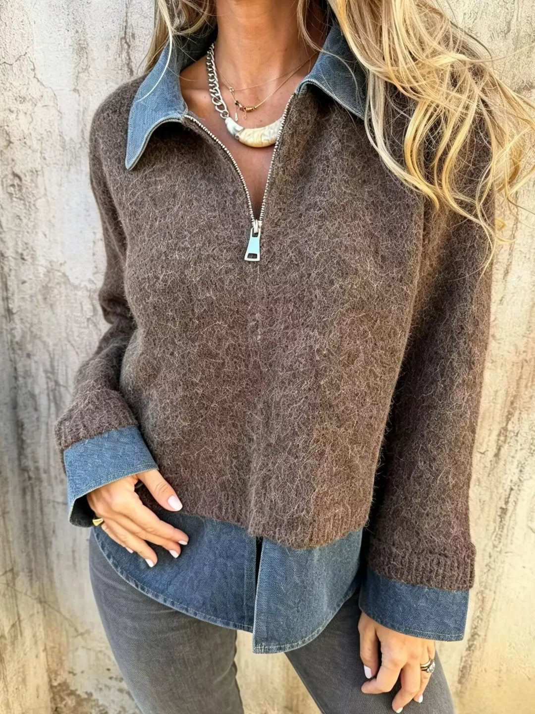 Coffee Brown Denim collar half-zip knit sweater with layered hem