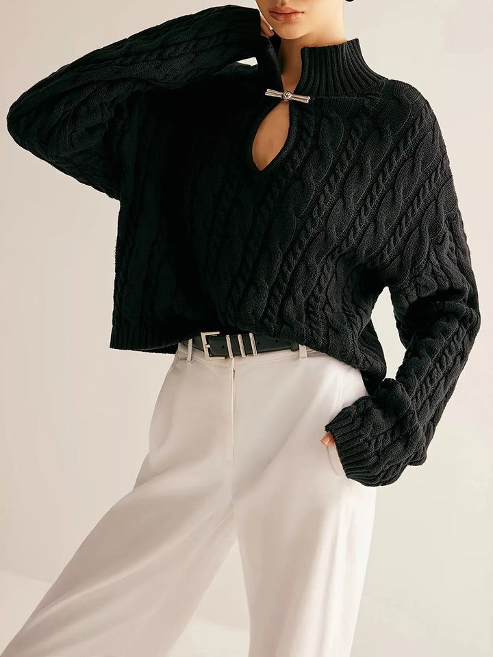 Cable-knit mock neck sweater with keyhole cutout