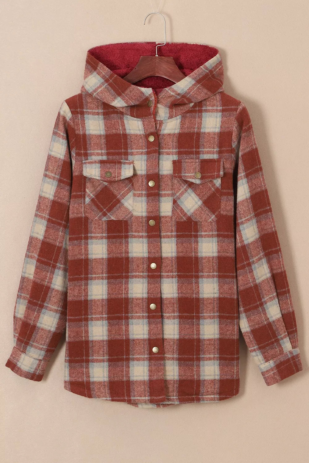 Sherpa-lined plaid hooded shacket with snap front