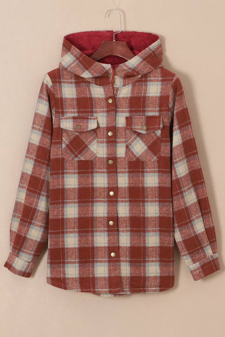 Sherpa-lined plaid hooded shacket with snap front