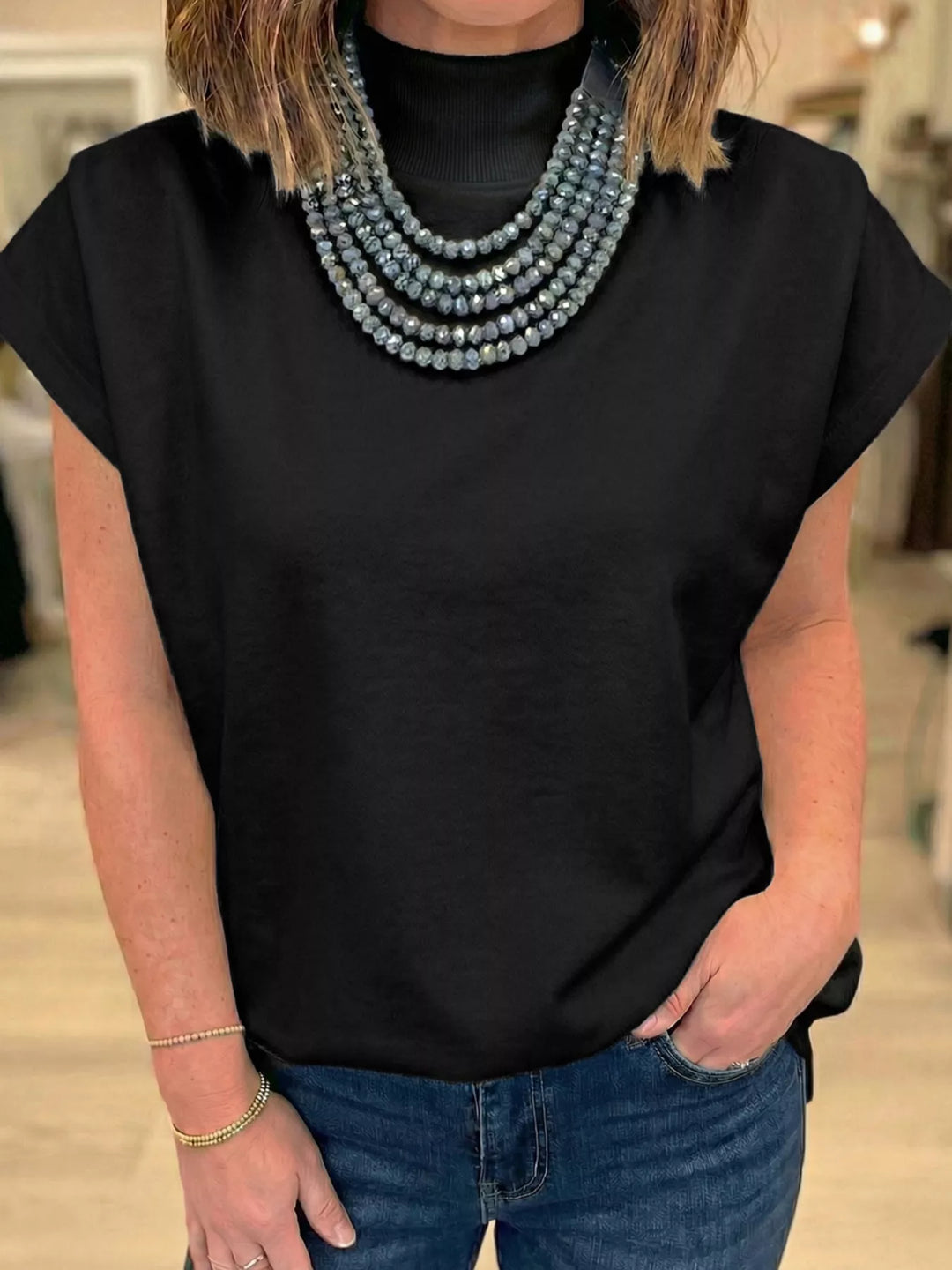 Mock neck cap sleeve relaxed-fit blouse