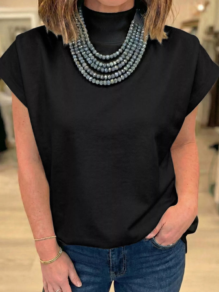 Mock neck cap sleeve relaxed-fit blouse