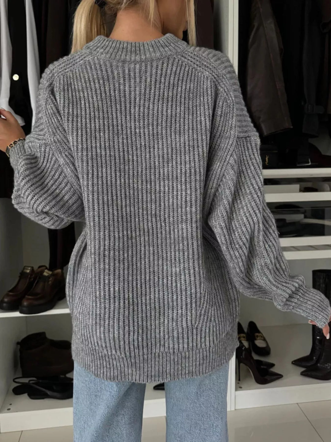 Chunky ribbed knit oversized crew neck sweater