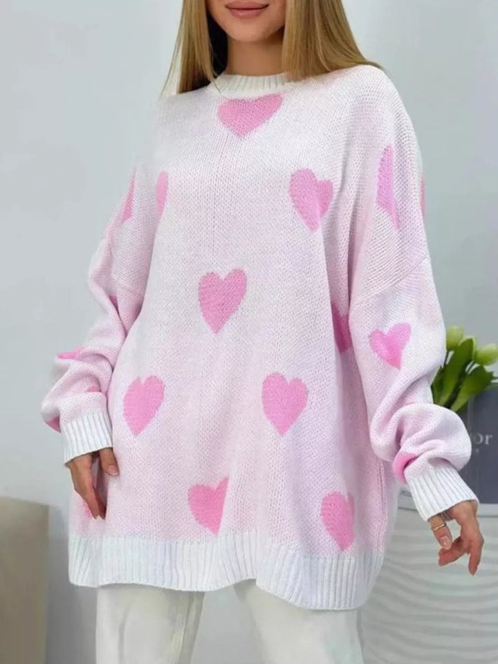 Pink Oversized heart-print knit sweater with drop shoulders