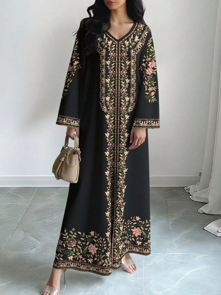 Floral border print V-neck long sleeve maxi dress