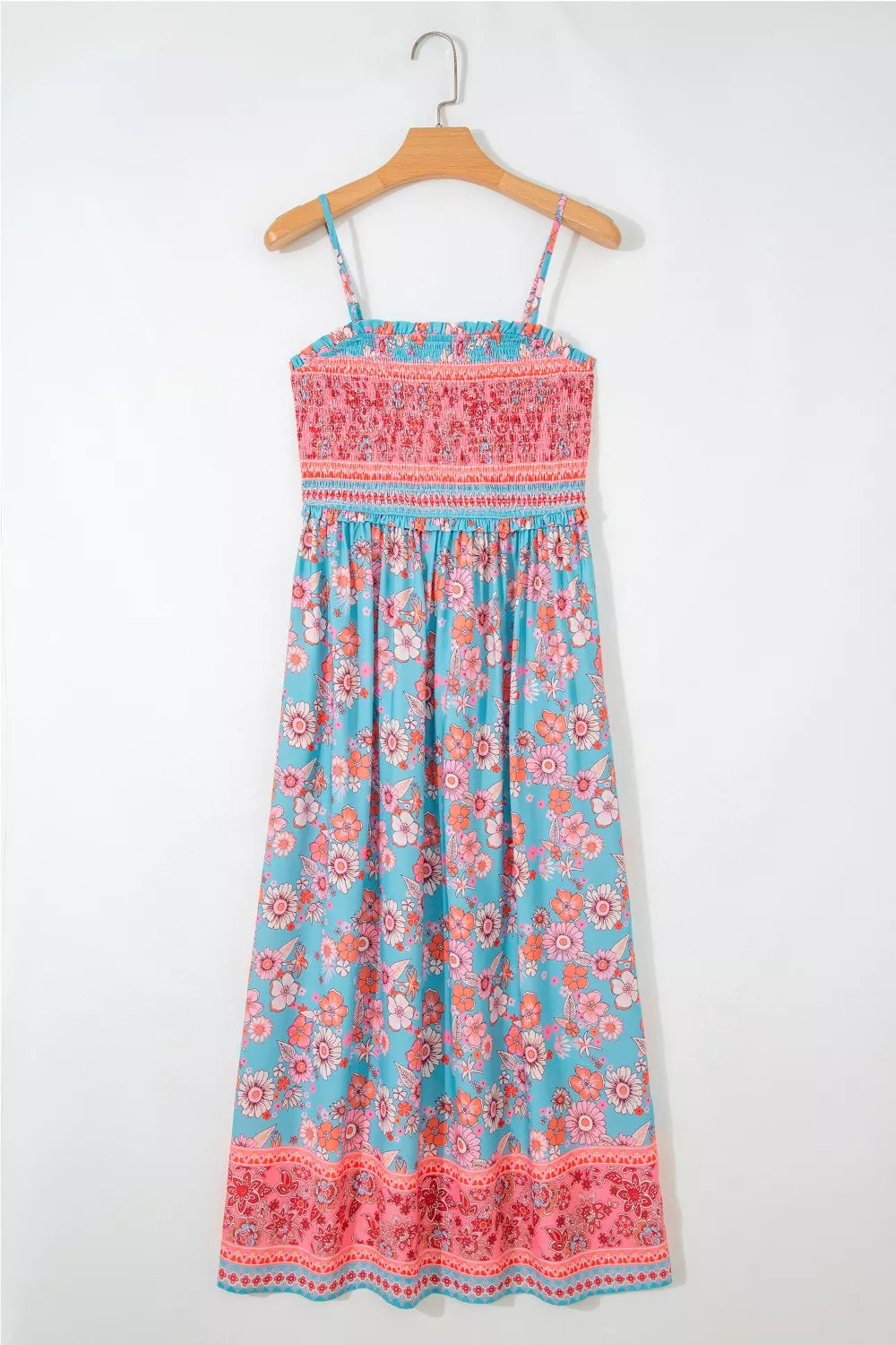 Bohemian floral print smocked spaghetti strap maxi dress