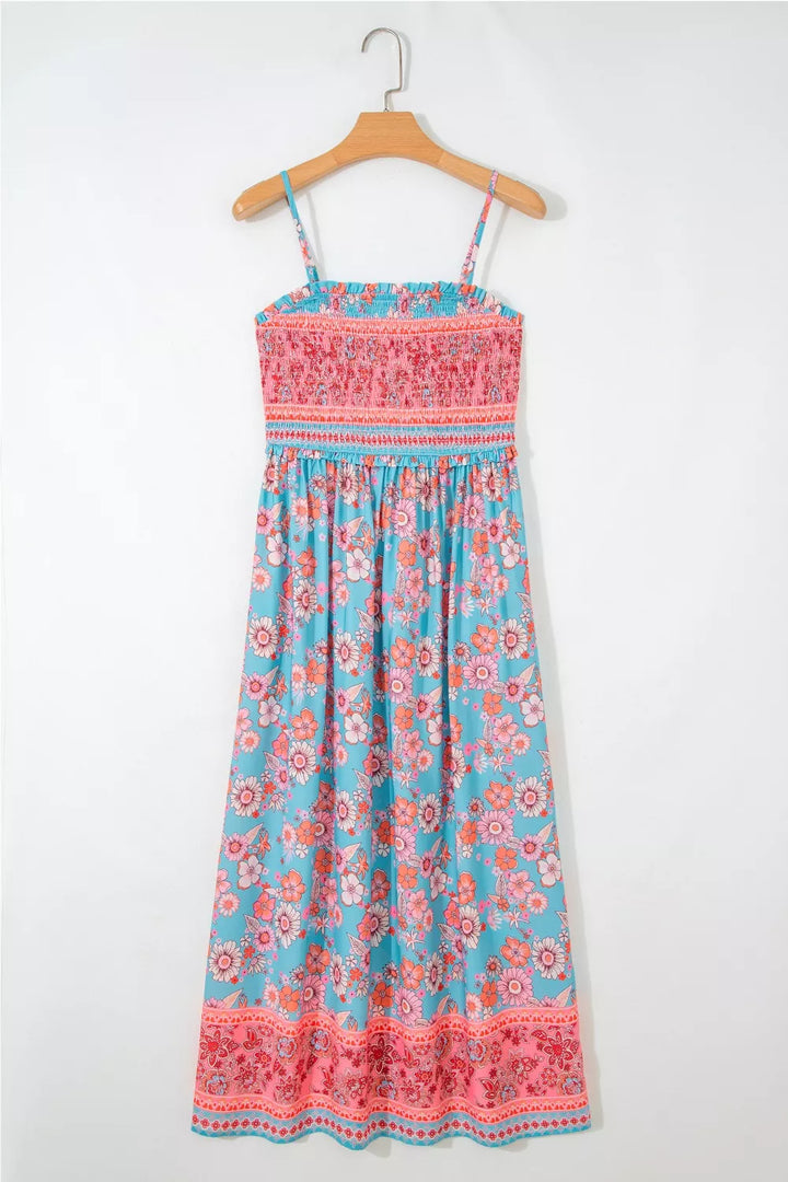 Bohemian floral print smocked spaghetti strap maxi dress