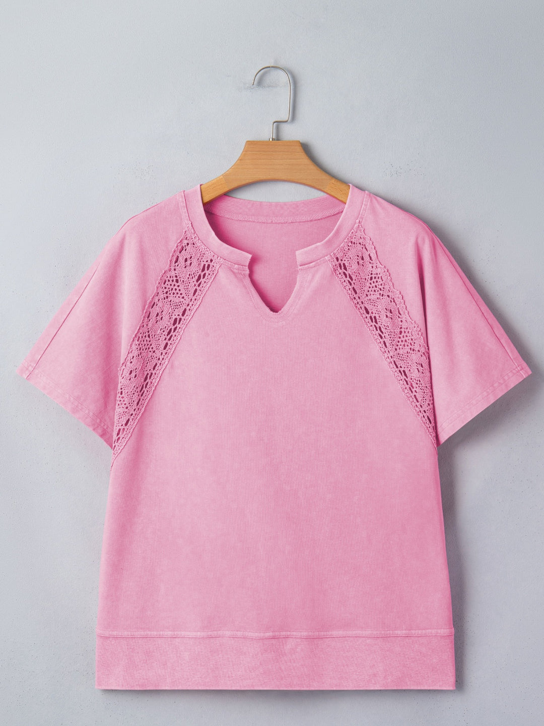 Mineral wash lace patchwork tee with notched neck