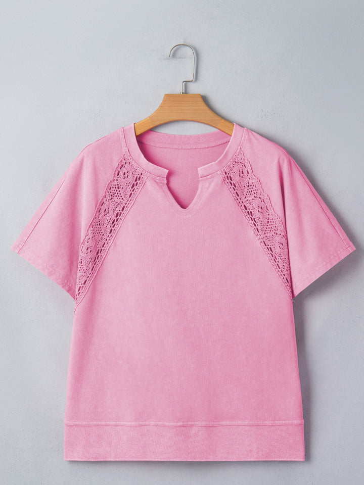 Mineral wash lace patchwork tee with notched neck