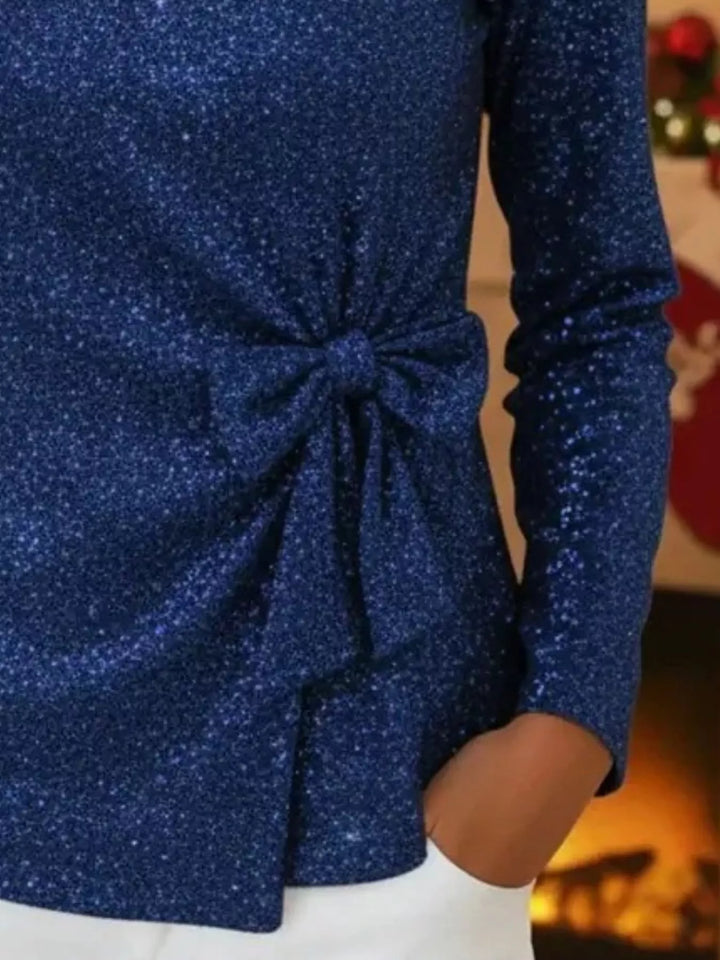 Sequin long sleeve top with side bow-knot tie