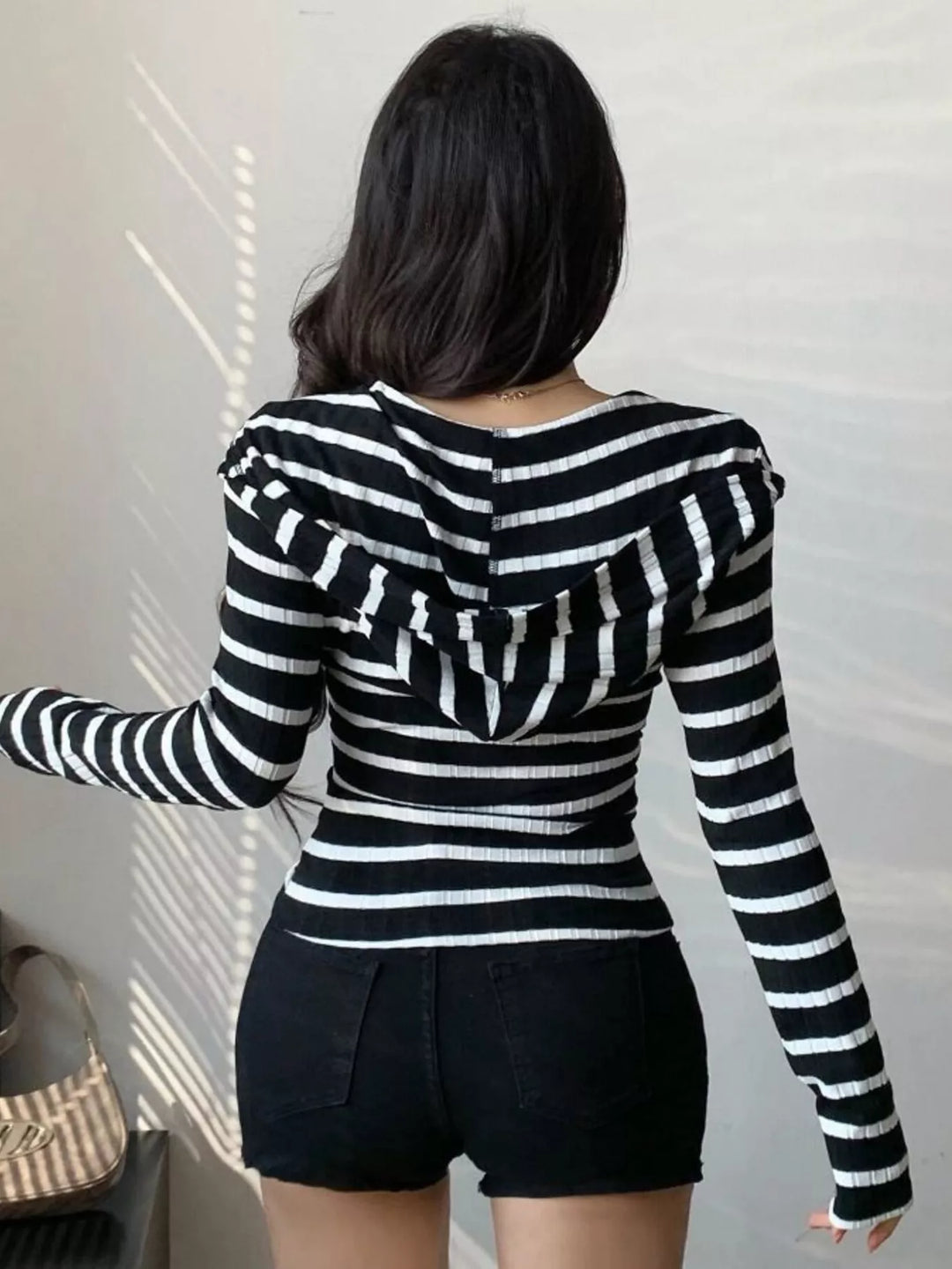 Striped ribbed zip-up top with foldover collar