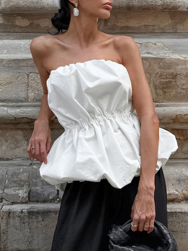 Ruched bubble hem strapless cotton tube top