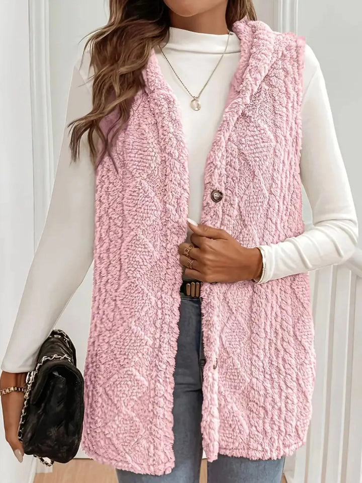 Textured sherpa hooded vest with button front