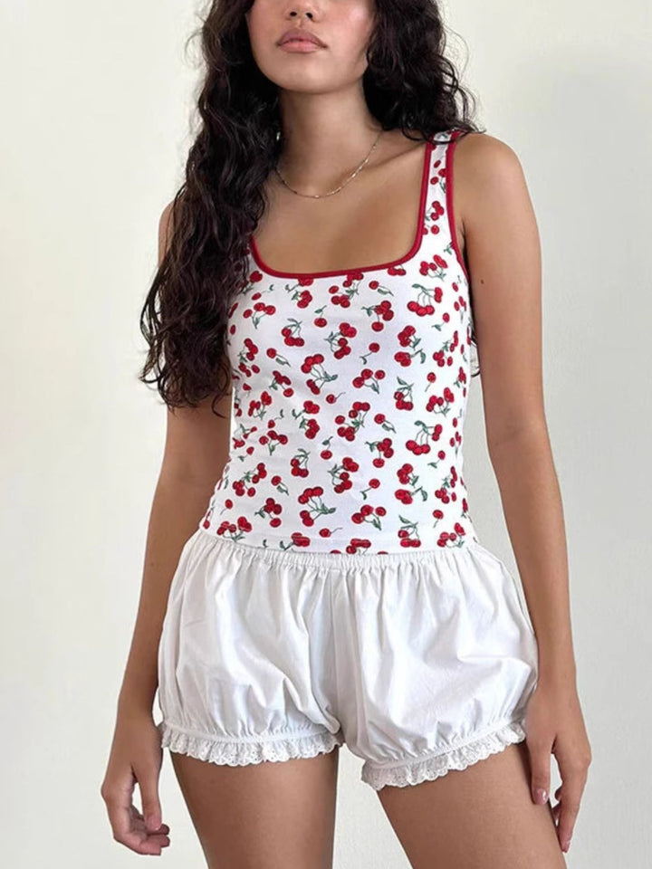 Cherry print square neck tank with contrast trim