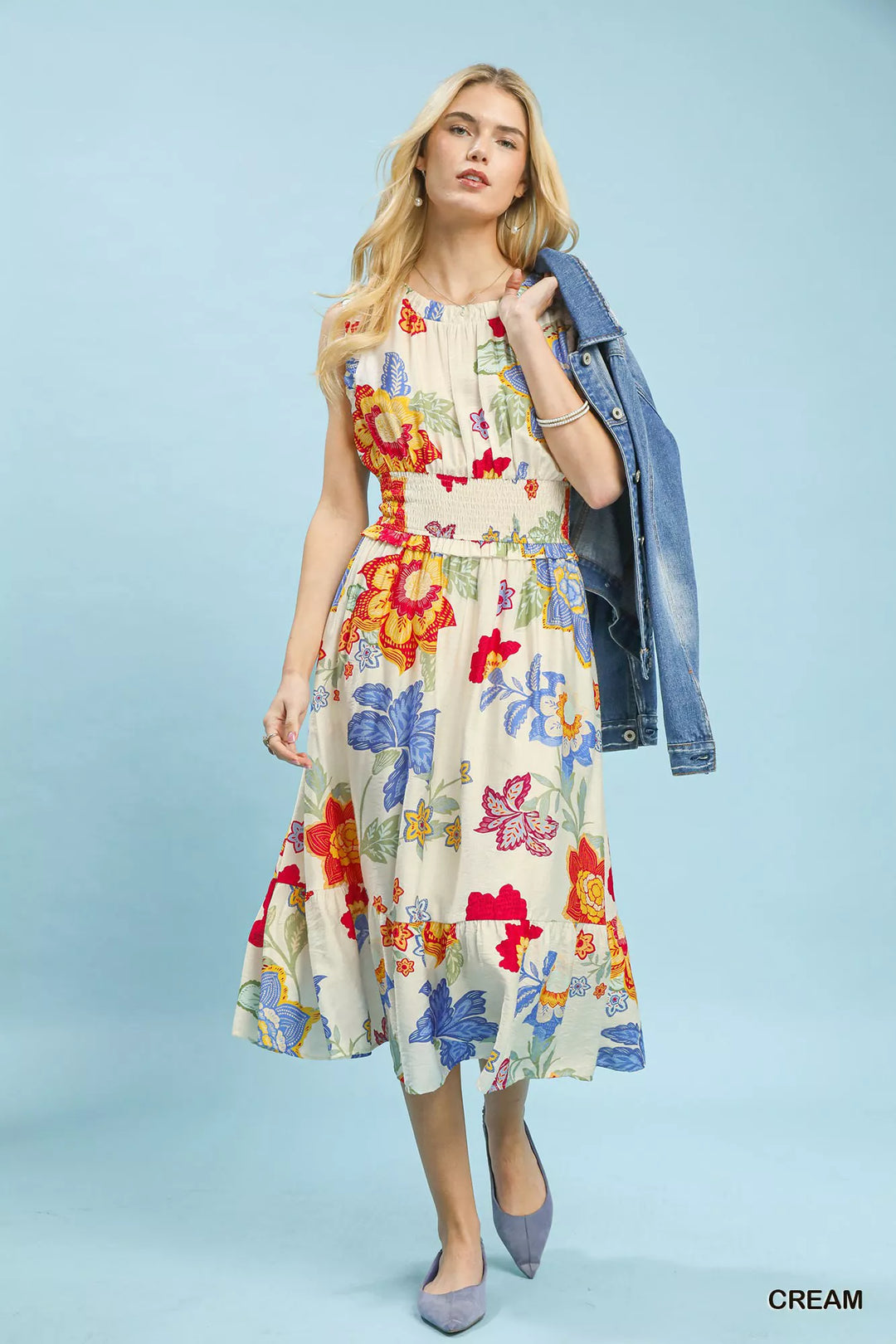 Sleeveless floral smocked-waist tiered midi dress