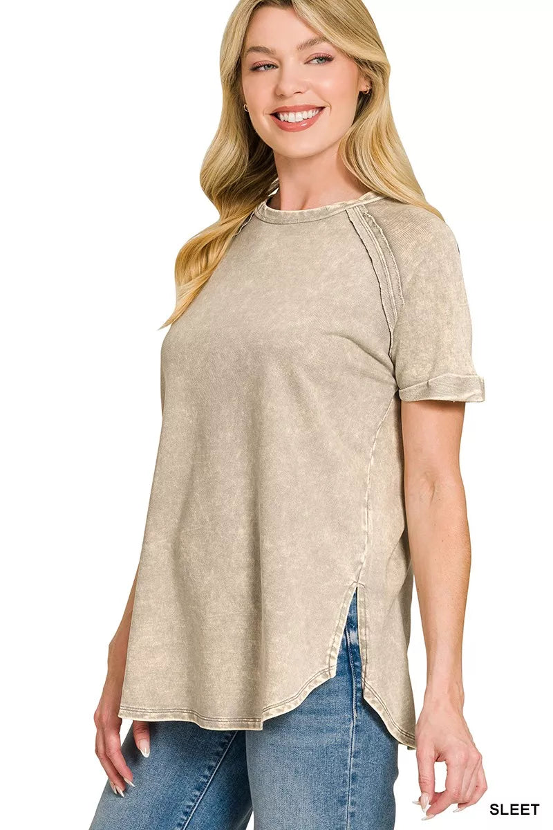 Vintage-wash French terry curved hem relaxed top