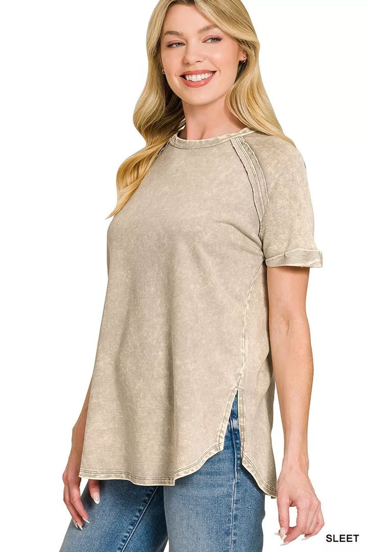 Vintage-wash French terry curved hem relaxed top