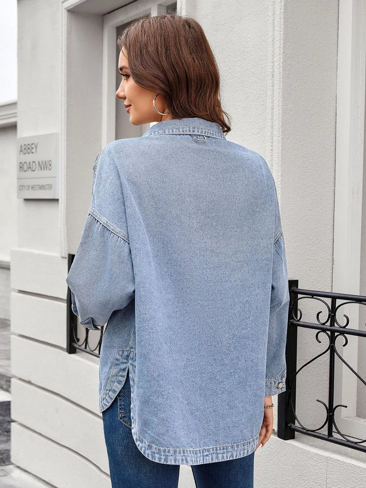 Vintage wash denim shirt jacket with flap pockets