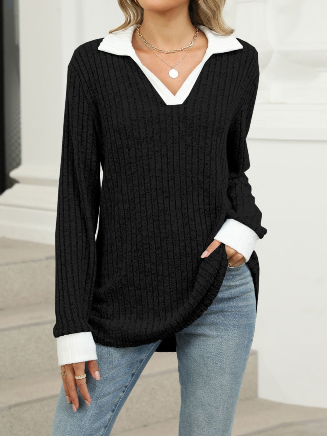 Ribbed knit long sleeve top with contrast collar and cuffs