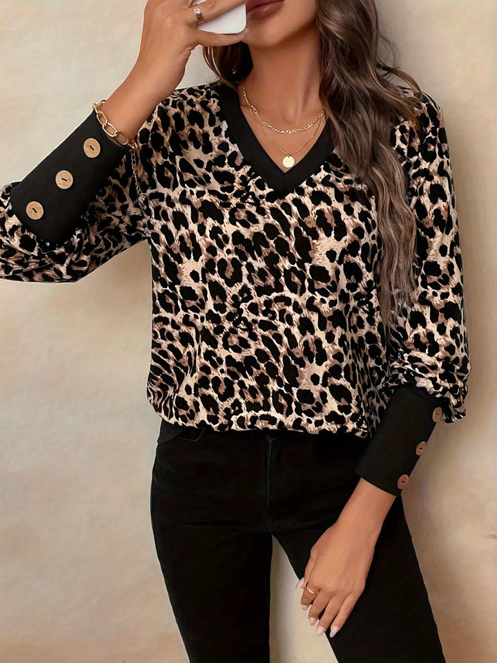 Leopard print V-neck long sleeve top with button cuffs