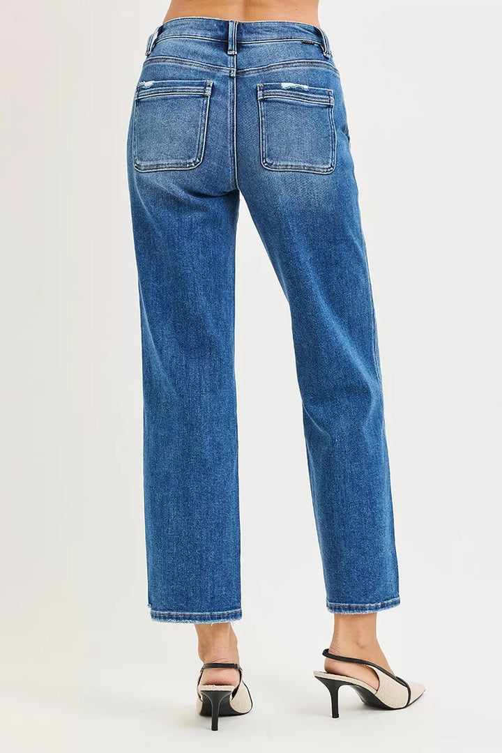 High-rise straight ankle jeans with distressed raw hem