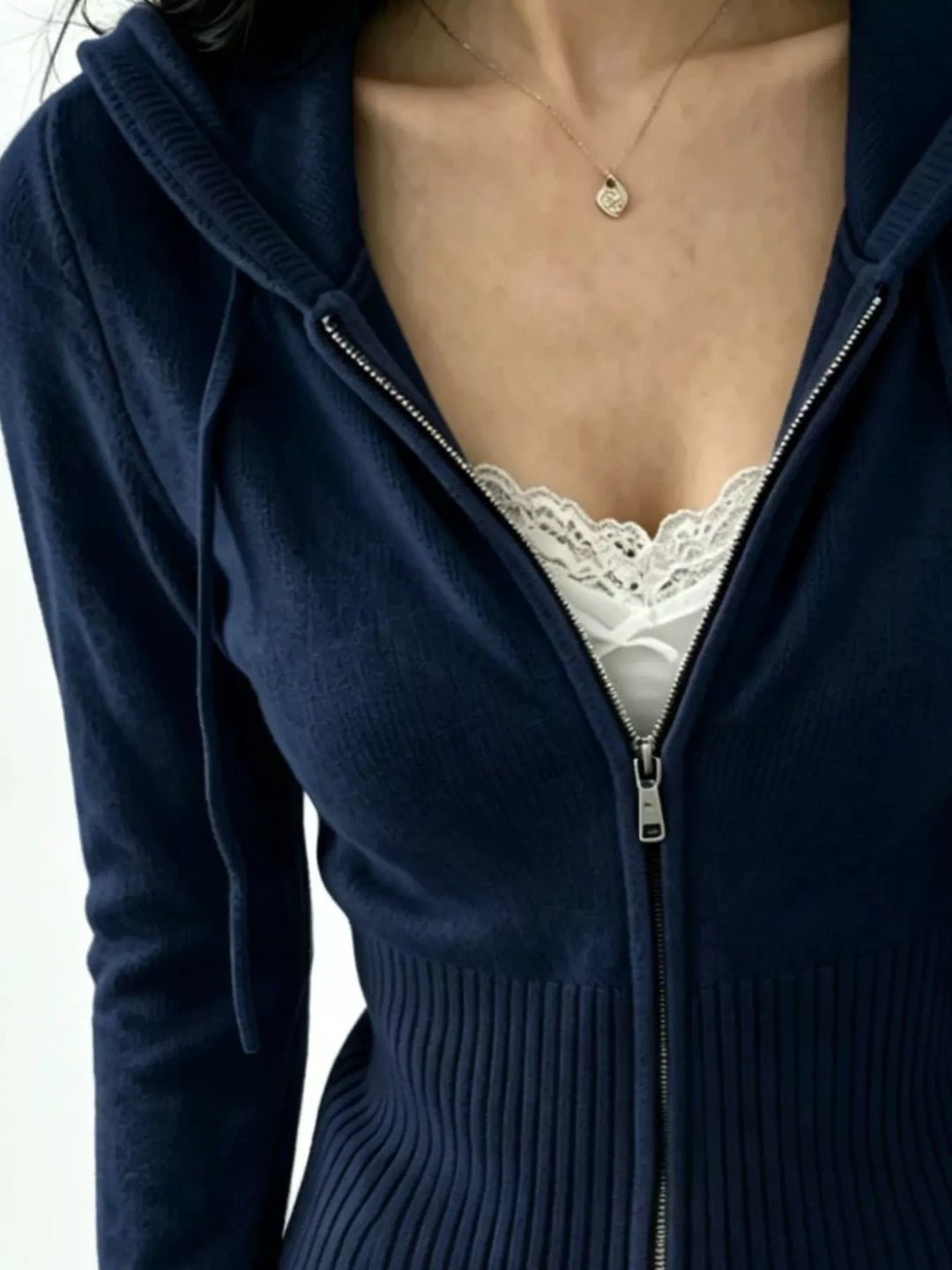 Ribbed knit zip-up cropped hooded cardigan